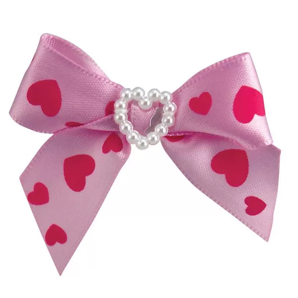 Store Fancy Finishes Heart Print Satin Bows With Pearl Heart Bows