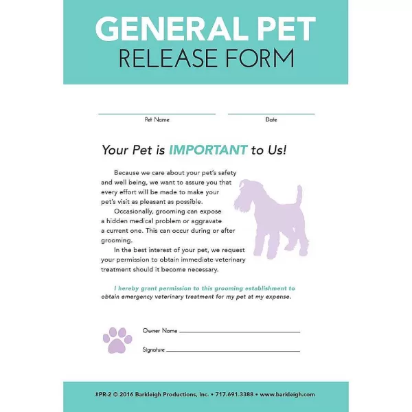 Clearance Professional Groomers General Pet Release Form - Pad Of 50 Business Supplies