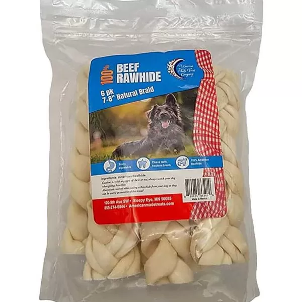 New Rawhide Beef 7-8 Inch Natural Braids - 6 Pack Dog Treats