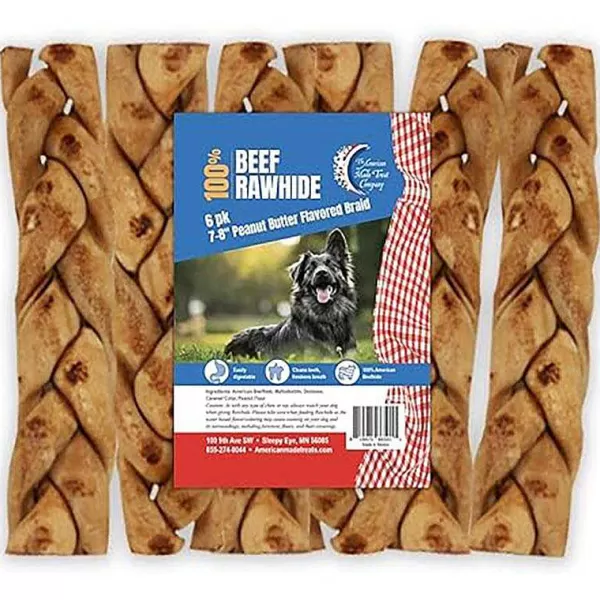 Sale Rawhide Beef 7-8 Inch Peanut Butter Flavored Braids - 6 Pack Dog Treats